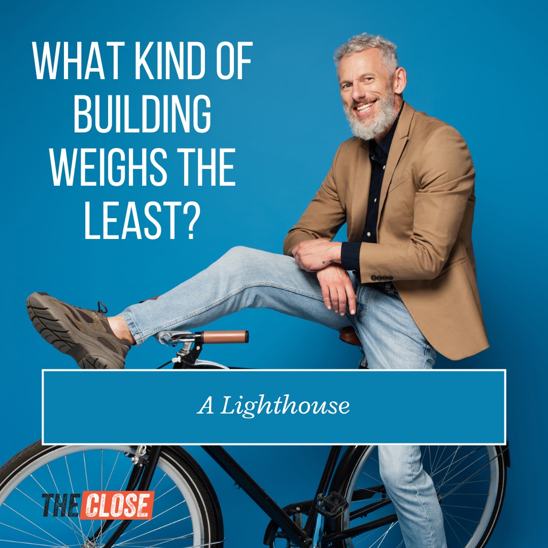 smiling guy on a bike tells Real estate joke: What kind of building weighs the least? A lighthouse.