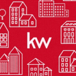 Logo of real estate company Keller Williams in white set against a red background with illustrations of houses.
