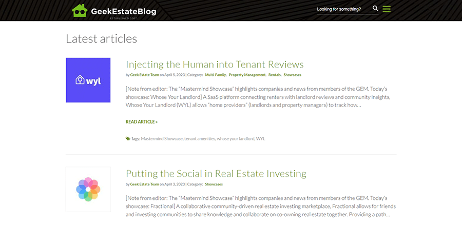 screenshot of the Geek Estate Blog homepage