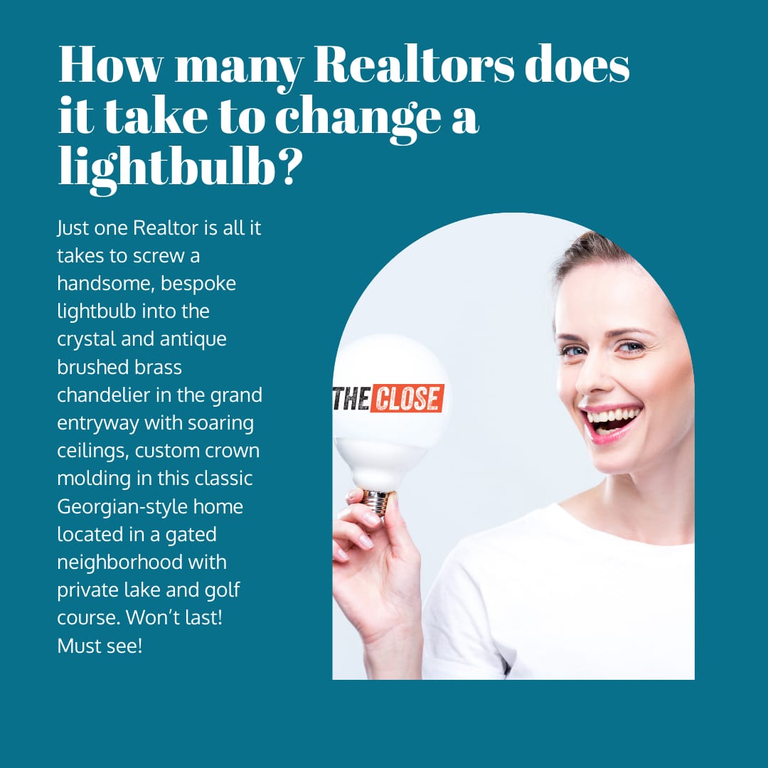 Realtor smiles as she holds up a light bulb for the old real estate joke how many realtors does it take to change a lightbulb.