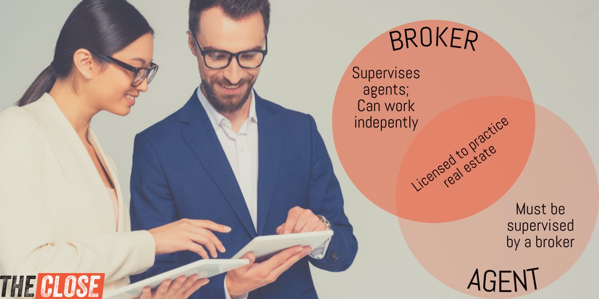 venn diagram shows how brokers and agents overlap in that they are both locensed to practice real estate.