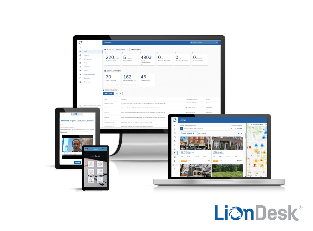 LionDesk on multiple devices, including laptop, desktop, tablet and smartphone interfaces.