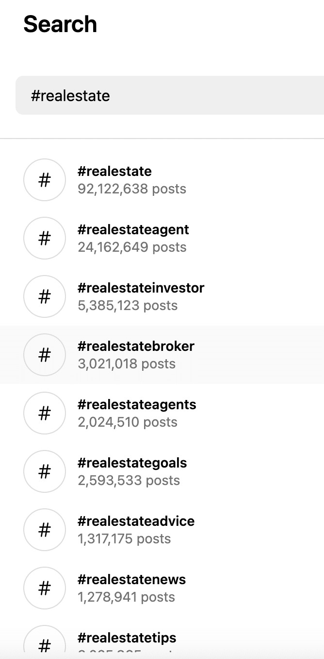 Screenshot of Instagram search bar with list of common hashtags.