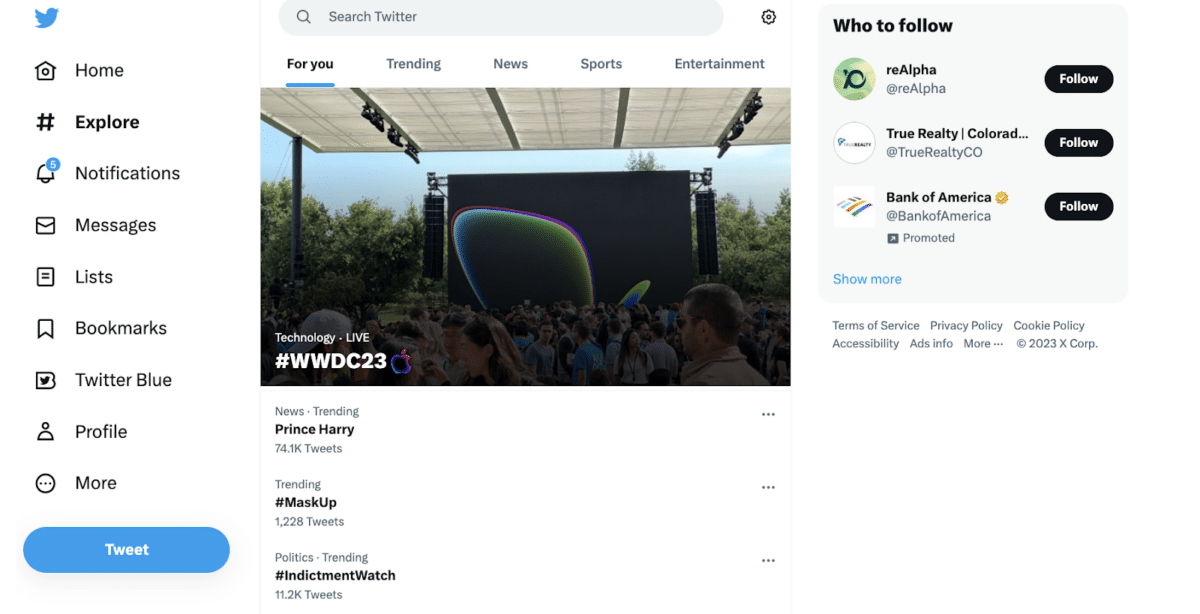 Screenshot of Twitter Explore with trending hashtags