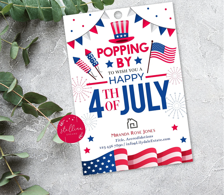 Card that reads 'Popping By to Wish You a Happy 4th of July!'