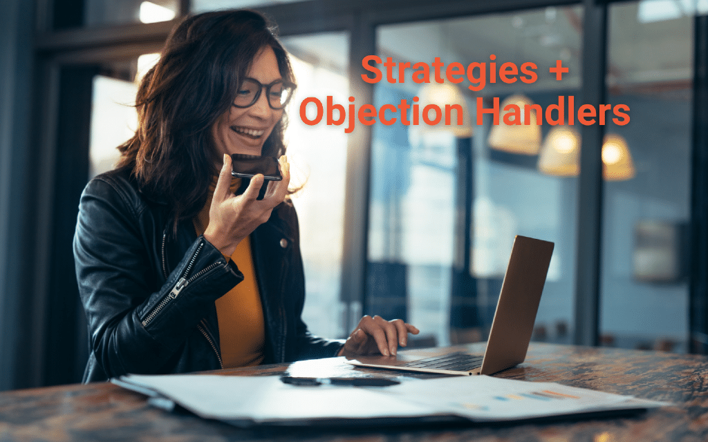 girl talking on cellphone with "strategies and objection handlers" overlaid