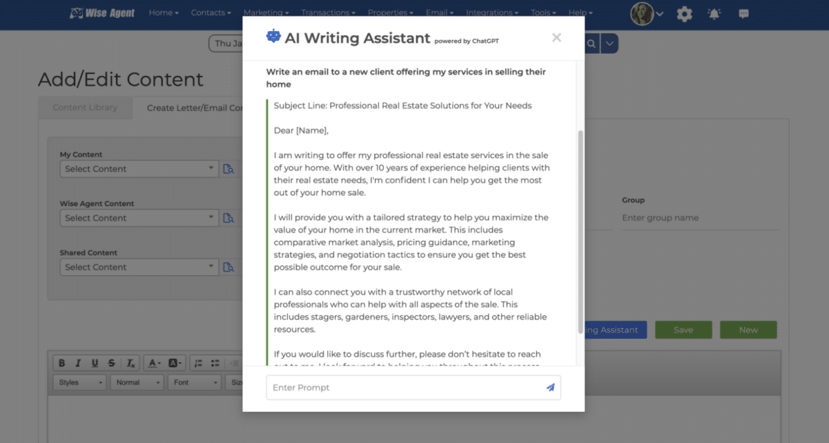 Wise Agent's new AI Writing Assistant speeds up content creation.