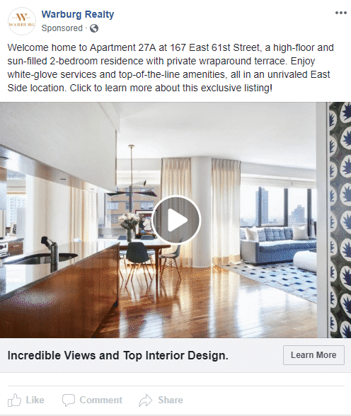 Real estate Facebook ad with a professional video walkthrough