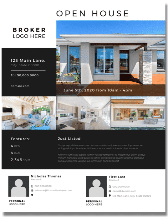 Clean design with open house information overlaying a few property photos. The contrast comes from white letters over a black background.