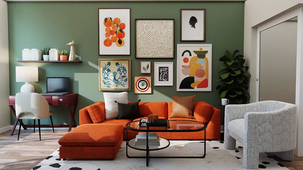 Decorate with art books and art like this living room with a Tom Ford book on the table and several pieces of art on the wall