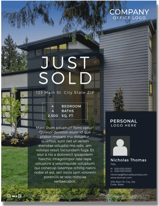 "Just Sold" and property description are in a shadowed box, which overlays a large featured image of the property.