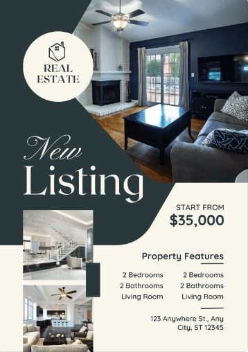New listing flyer highlighting property features in a bulleted list, with a large space for a high quality photo. There is the text "start from," followed by pricing.
