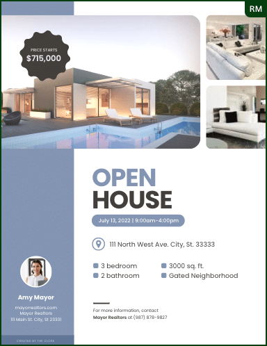 Open house flyer. Striking and simple. The colors of the letters and the open space match. Clean lines with a bulleted list of the property description.