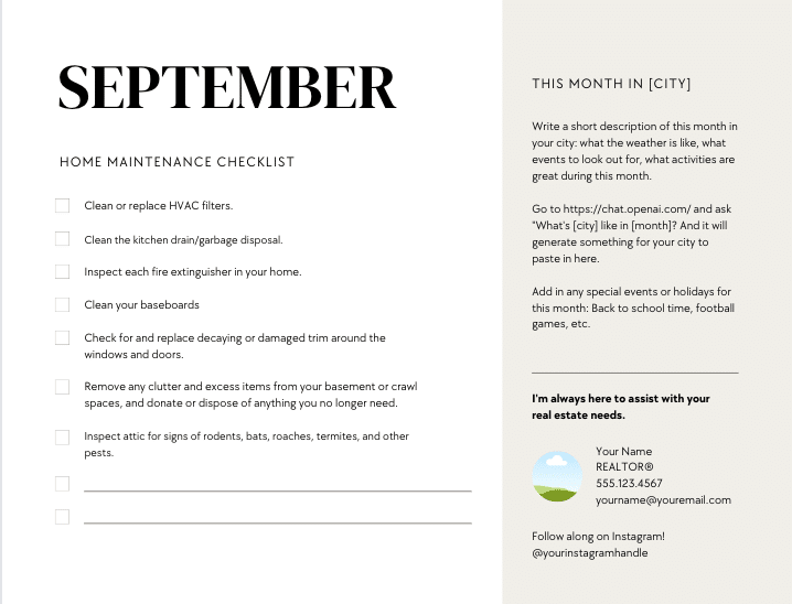 A home maintenance checklist for the month of September, including items like "clean or replace HVAC filters," and "Inspect attic for signs of rodents, bats, roaches or other pests." On the right hand side is a place for a short description of the month and a place for agent contact information.