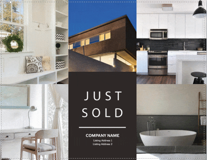 High quality images surround a black square which reads "Just Sold" and includes contact information for the agent.