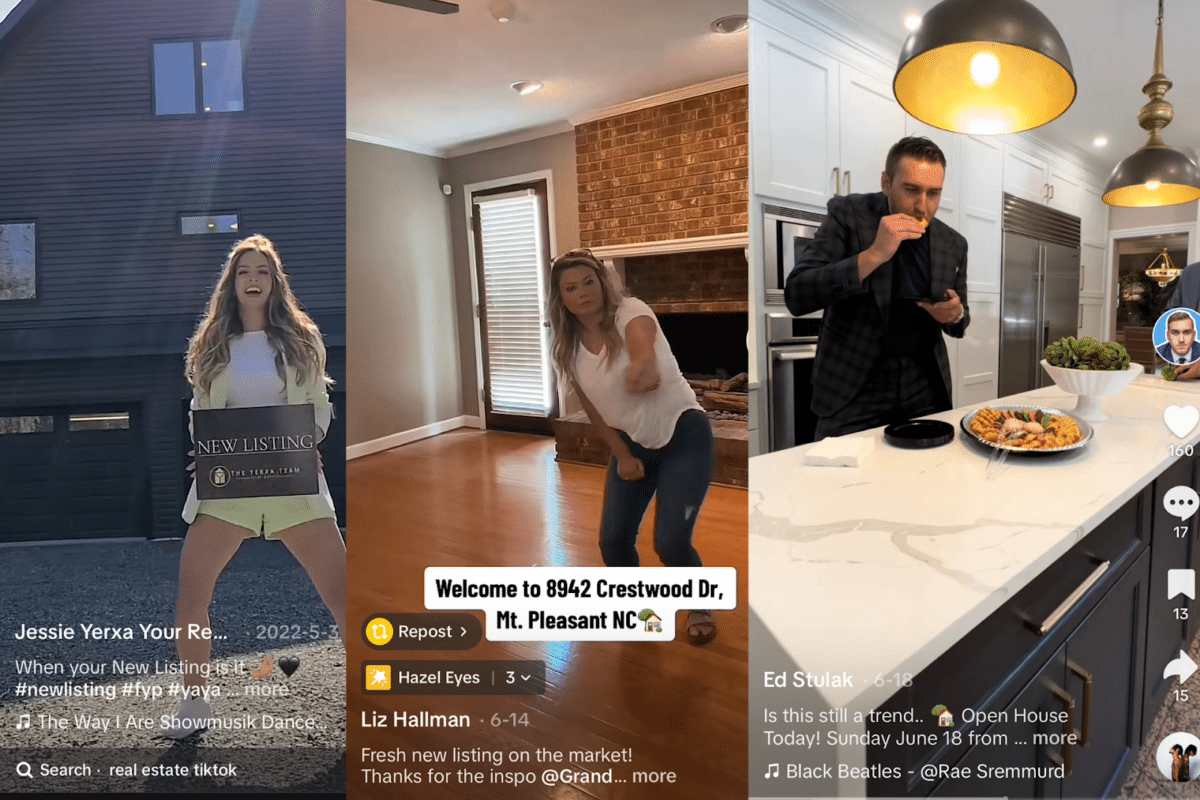 Three examples of real estate agents sharing fun yet professional content on their TikTok accounts, featuring listings in different ways