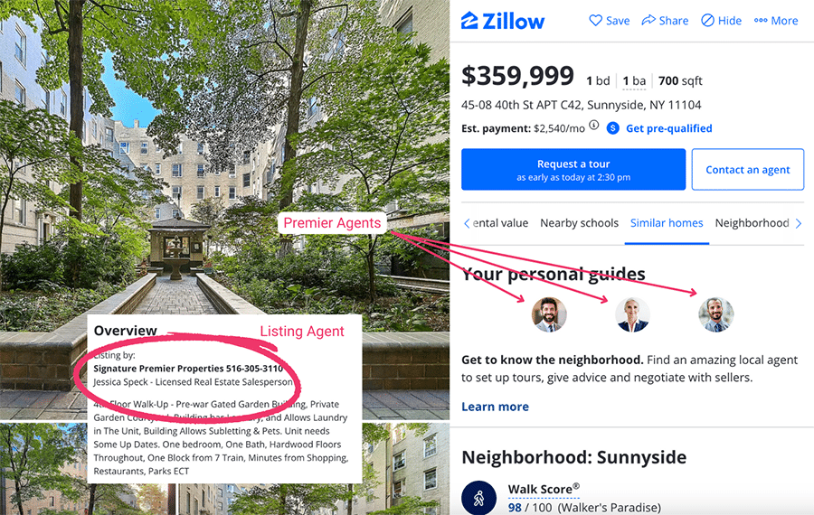 Screenshot of Zillow search page with agents to connect with including listing agent