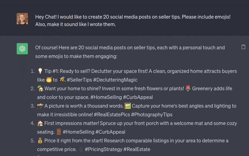 Screenshot of my ChatGPT prompt asking Chat to create 20 social media posts on seller tips, including emojis.
