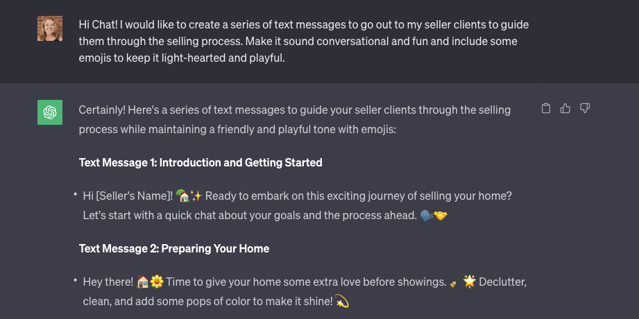 Screenshot of my ChatGPT prompt asking Chat to help me create a series of text messages to guide sellers through the selling process.
