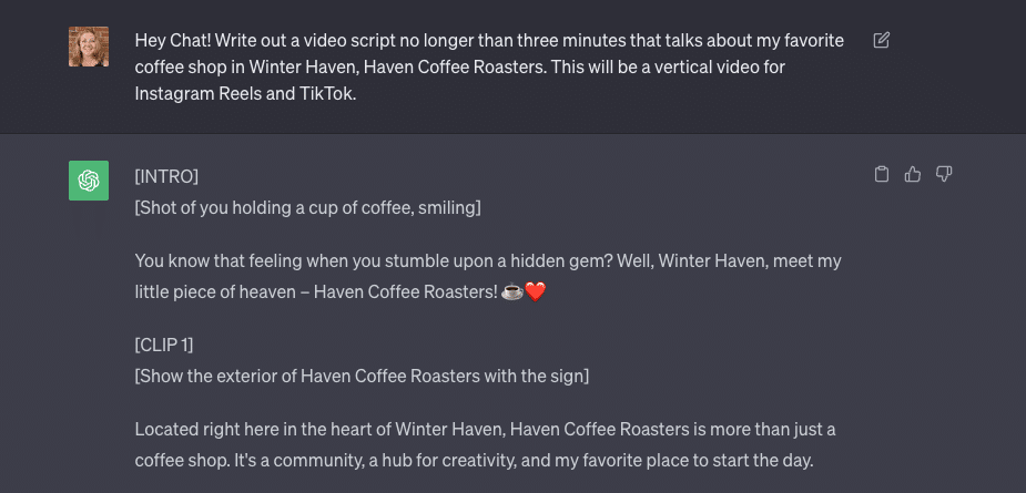 Screenshot of my ChatGPT prompt asking Chat to draft a three-minute video script about my favorite coffee shop for a vertical video.