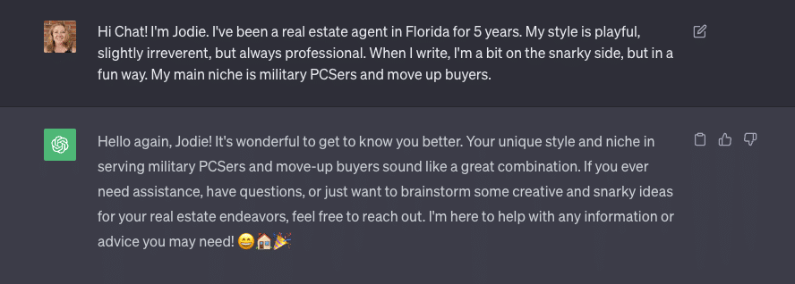 Screenshot of my ChatGPT prompt informing Chat about my real estate business and my style of intonation.