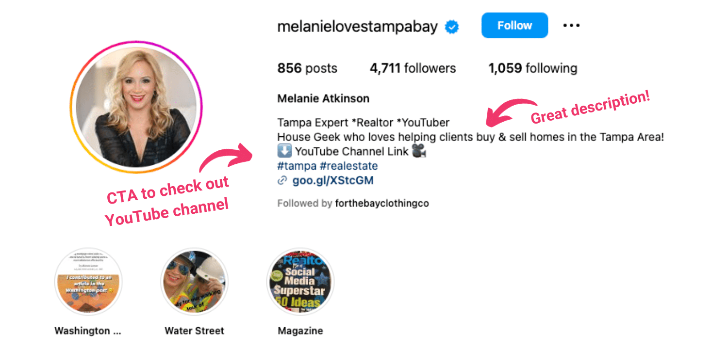 Screenshot of Melanie Atkinson's Instagram page with bio and highlight covers.
