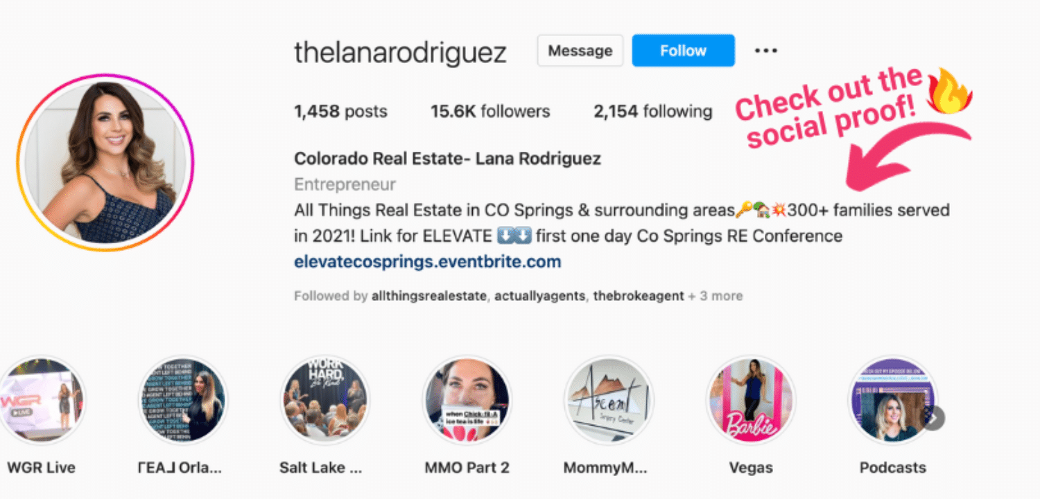 Screenshot of Lana Rodriguez's Instagram page with bio and highlight covers.