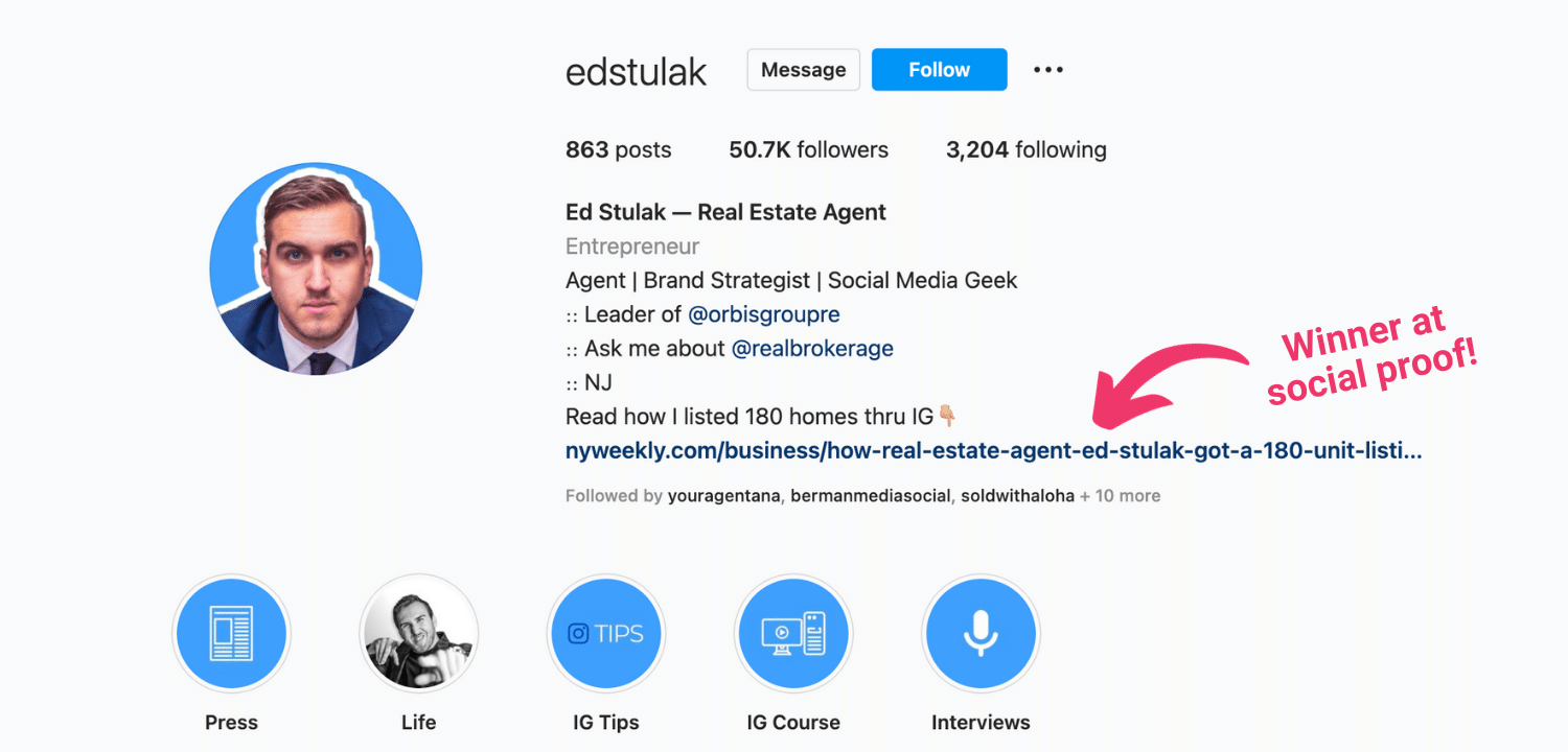 Screenshot of Ed Stulak's Instagram page with bio and highlight covers.