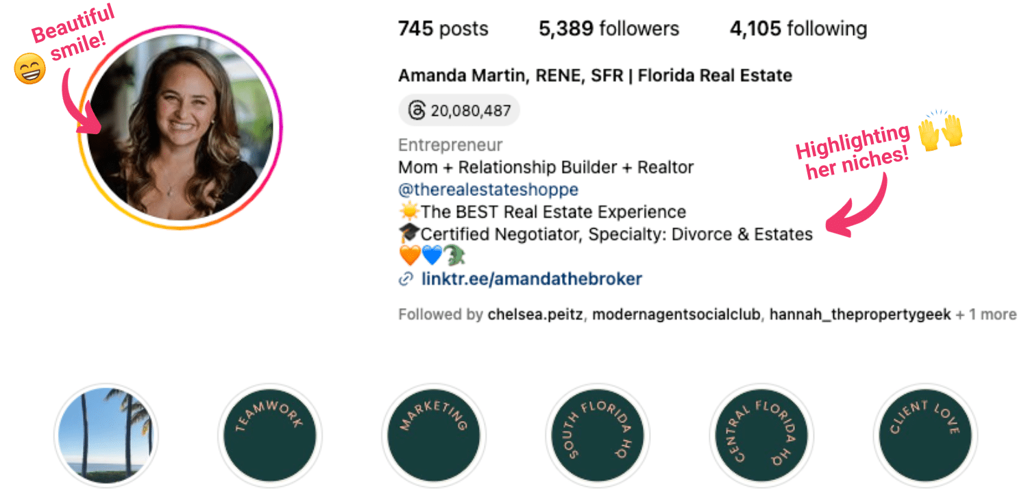 Screenshot of Amanda Martin's Instagram page with bio and highlight covers.