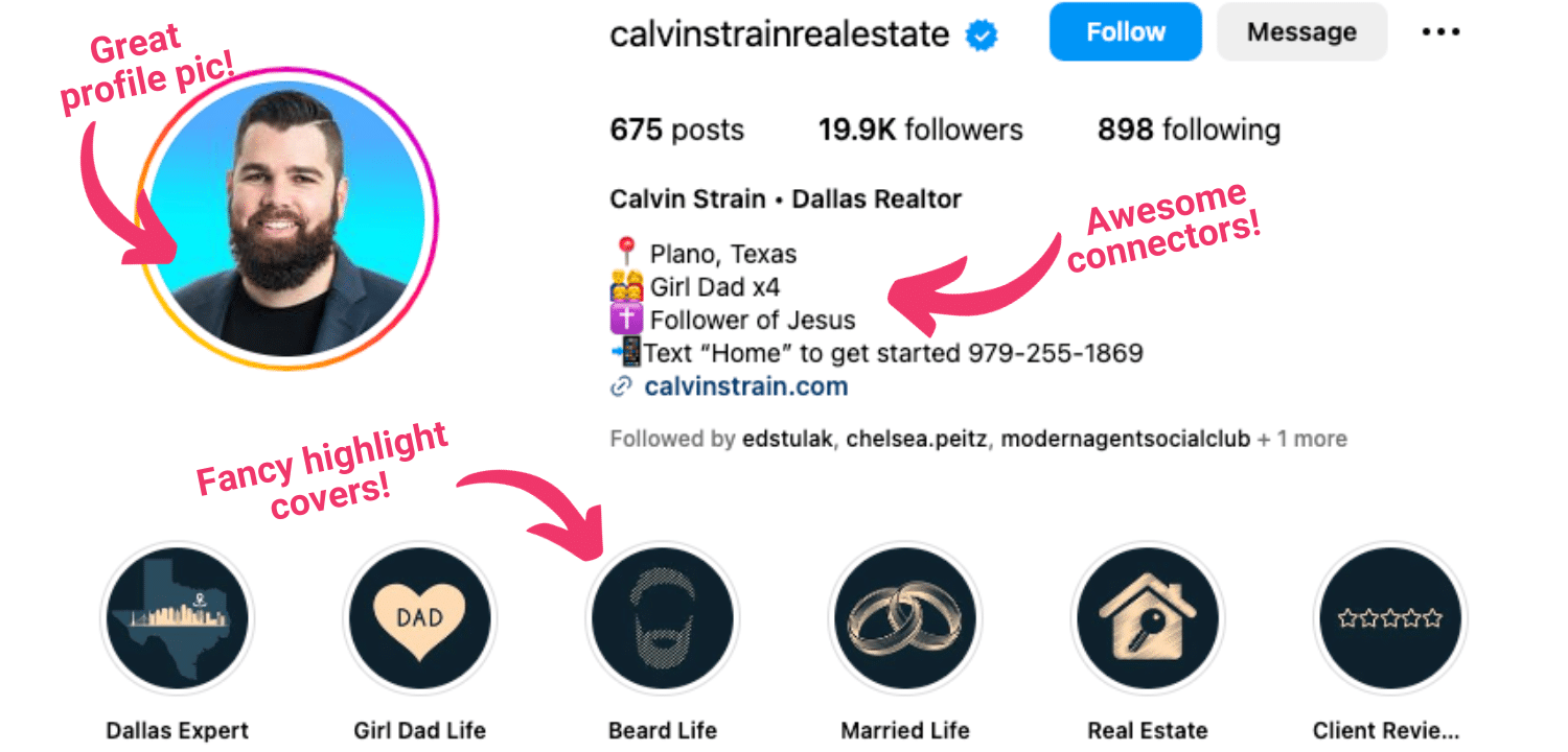 Screenshot of Calvin Strain's Instagram page with bio and highlight covers.