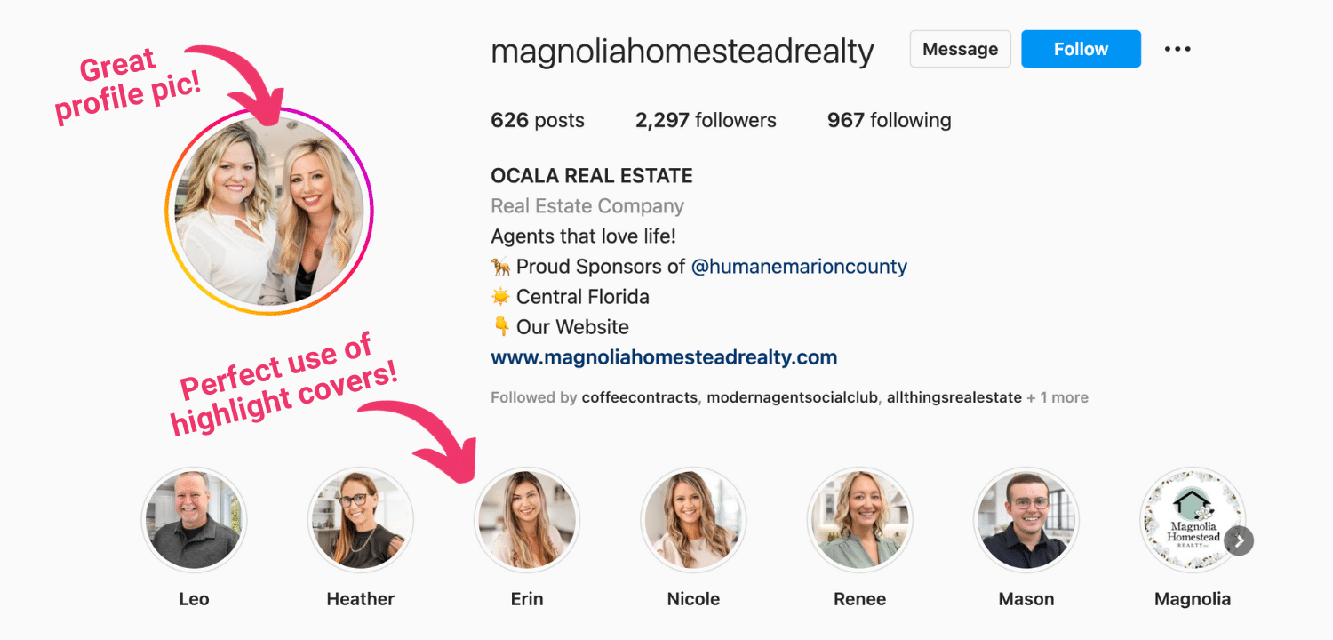 Screenshot of Ocala Real Estate's Instagram page with bio and highlight covers featuring their agents.