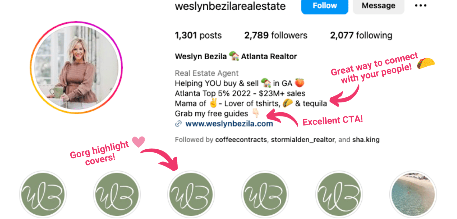 Screenshot of Weslyn Bezila's Instagram page with bio and highlight covers.