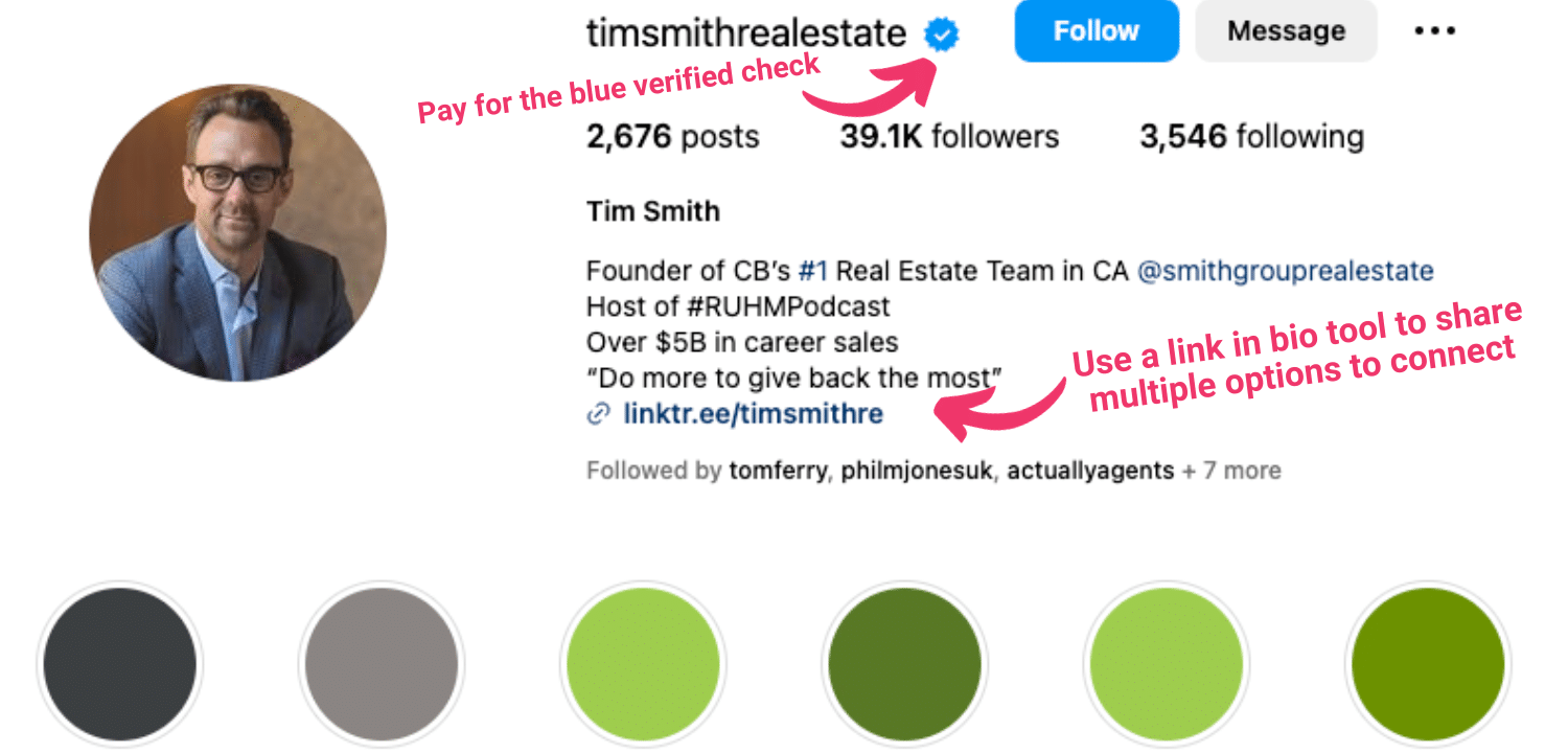 Screenshot of Tim Smith's Instagram page with bio and highlight covers.