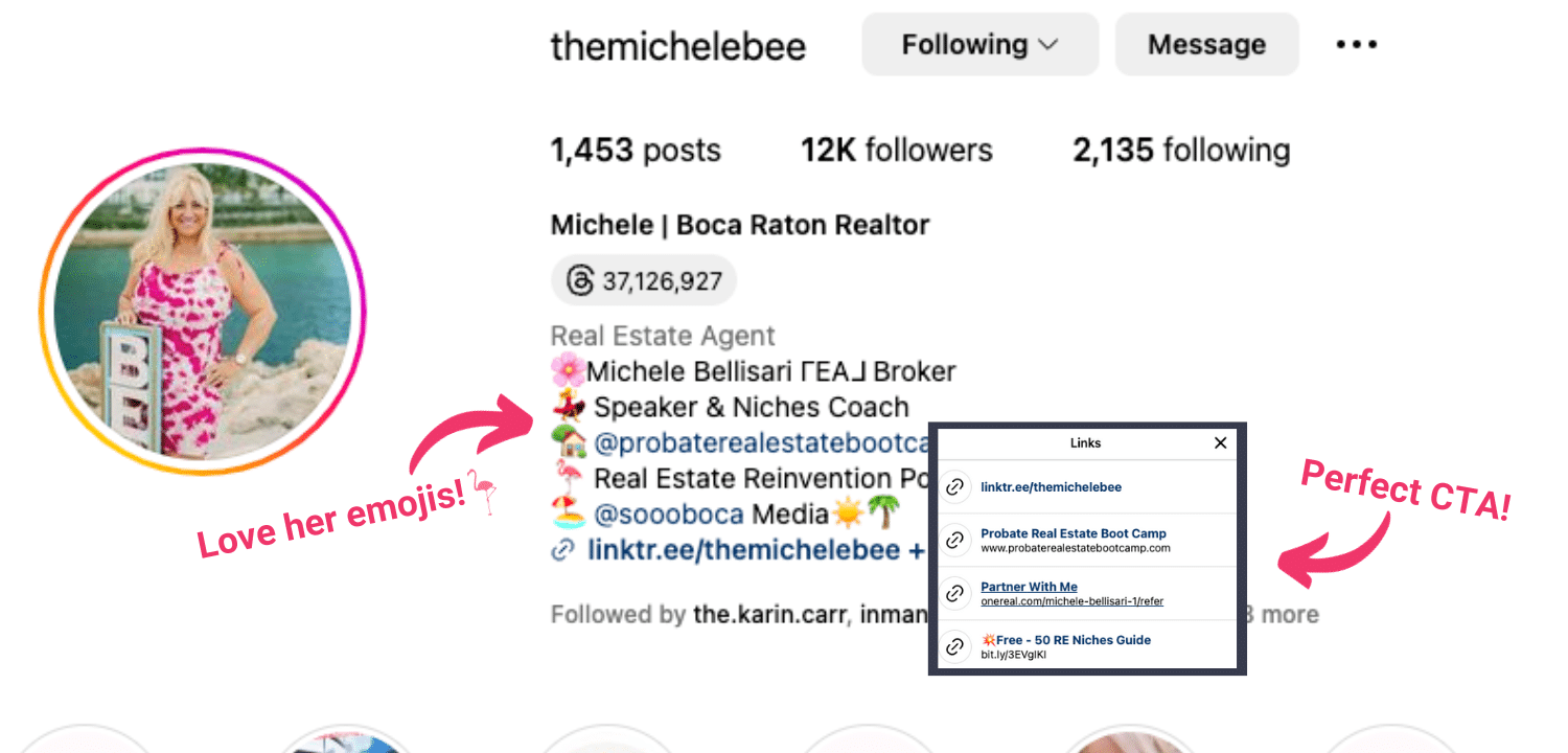 Screenshot of Michele Bellisari's Instagram page with her bio with an insert of the link popup with multiple links.