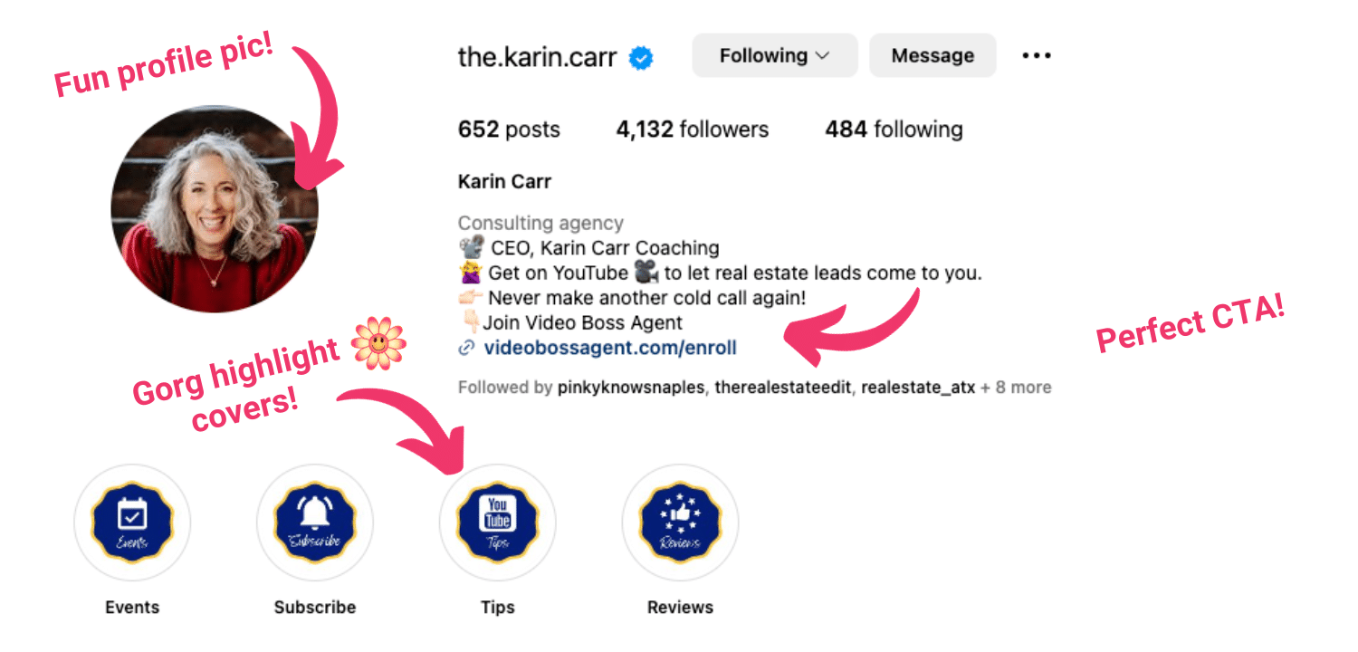 Screenshot of Karin Carr's Instagram page with bio and highlight covers.