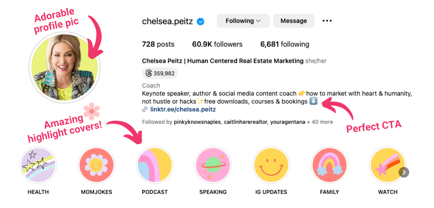 Screenshot of Chelsea Peitz's Instagram page with bio and highlight covers.