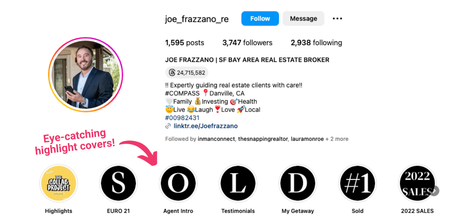 Screenshot of Joe Frazzano's Instagram page with bio and highlight covers.