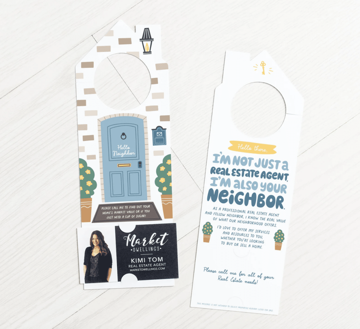 Cute door hanger with "I'm not just a real estate agent, I'm also your neighbor" written on it, with colorful animation graphics on the front and back.
