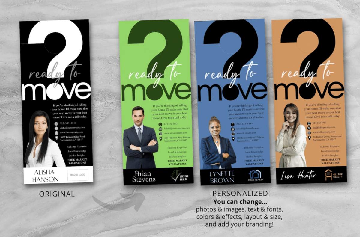 Multiple versions of a solid colored door hanger with "Ready to move?" on the top.