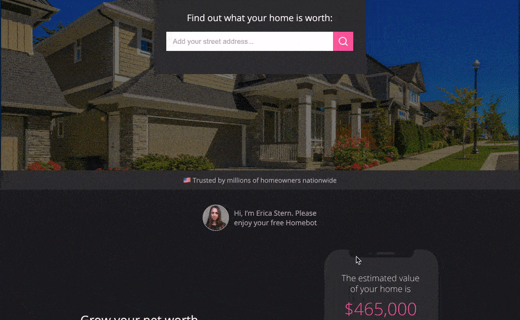 Sample PURL from Homebot. There is a CTA field for visitors to input their address to see what their home is worth.