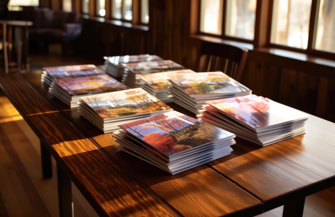 print marketing brochures in stacks on a table.