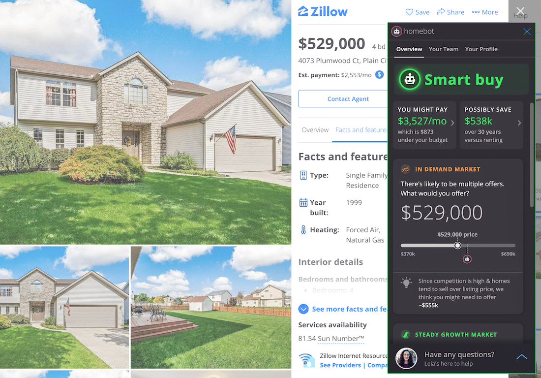 what a homeowner sees when browsing Zillow with the Homebot plugin. There is a section stating this home is a "smart buy." and what the monthly payment amount would be.