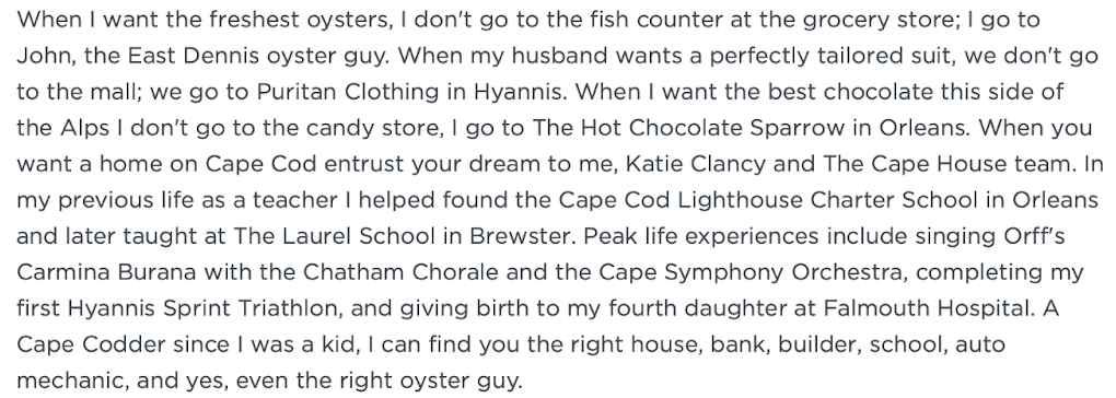 screen shot of a real estate bio that shows how much local bona fides the agent has, like their favorite oyster seller.