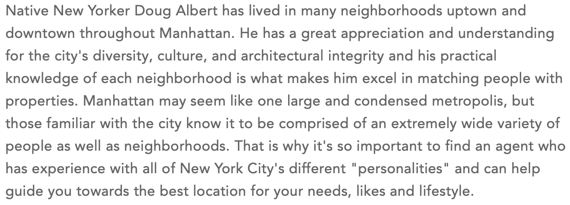 a real estate bio screenshot where the agent explains how he understands the complete selling and buying process particular to New York City