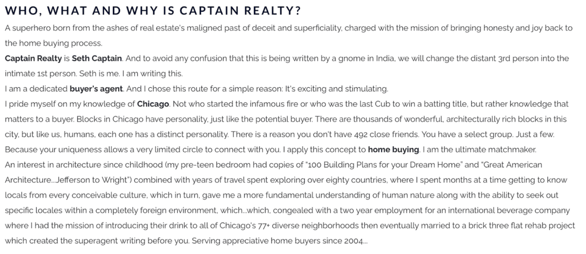 a screenshot of a bio from "Captain Realty" and how it shows his personality and expertise.