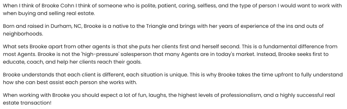 a real estate bio that shows how to talk about oneself as if it is their biggest fan describing their best traits.