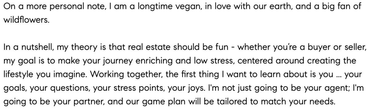 a real estate agent bio that shows this agent's personality - for example shes's a vegan.