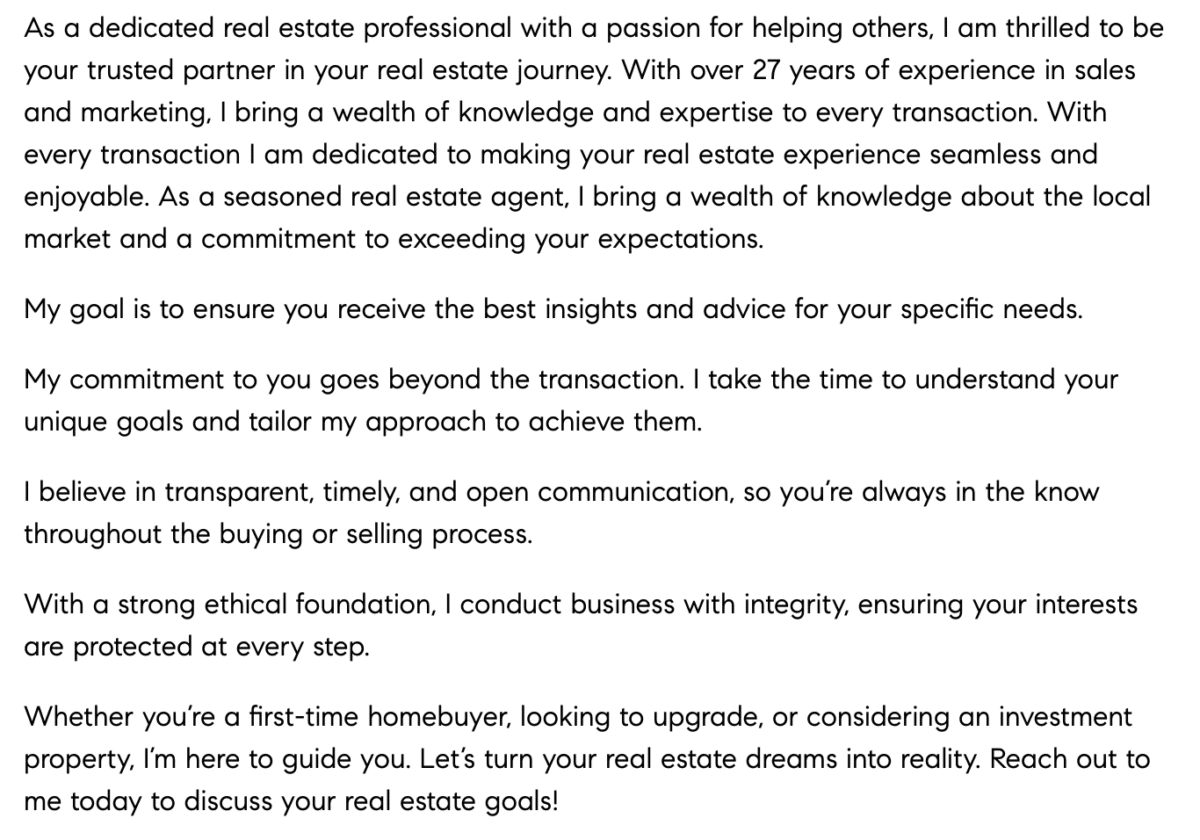 a real estate bio screenshot that offers a compelling description of the agent's work ethic and commitment to their clients.