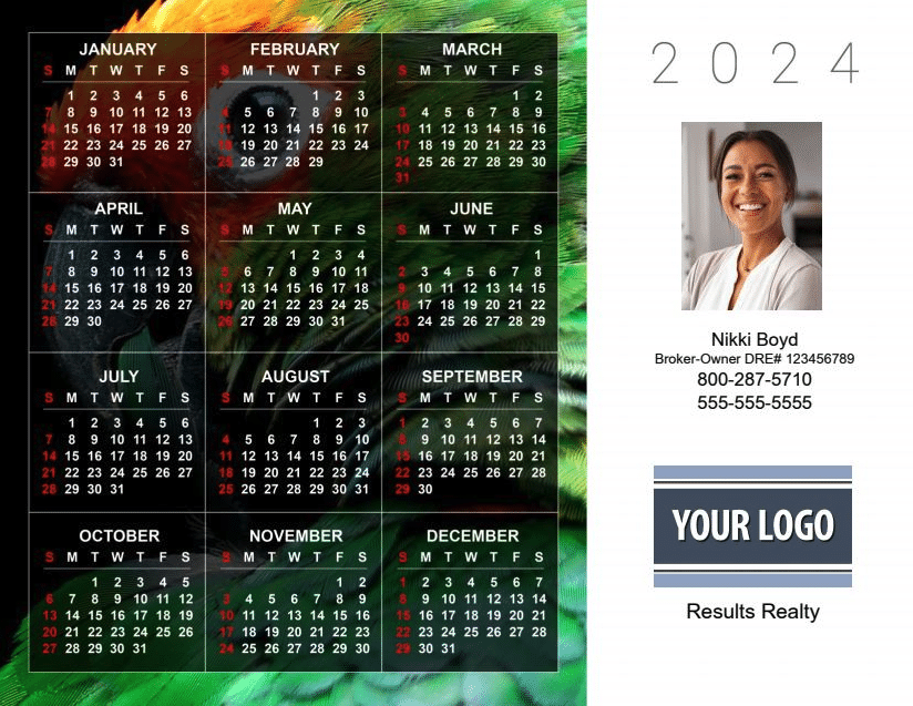 calendar postcard as a sample, with the months and dates, as well as the agent headshot and contact info on the right hand side.
