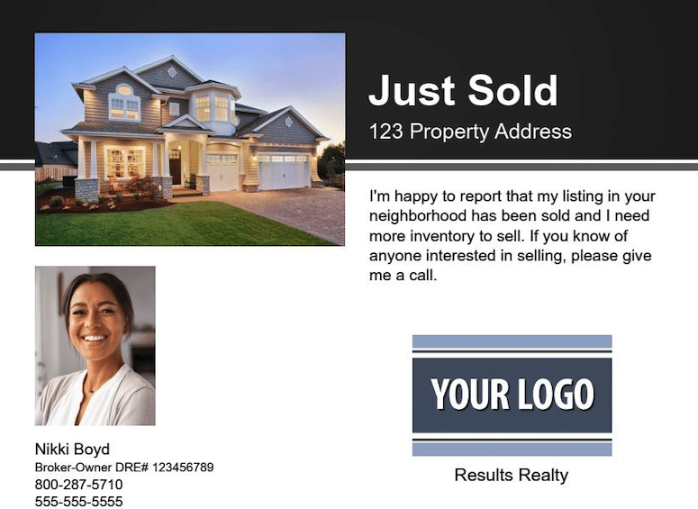 Just Sold Postcard with the property address, a photo of the home and the agent's logo, headshot and contact information.